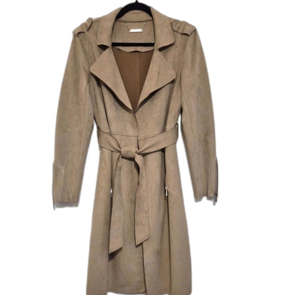 T Tahari Faux Suede Trench Coat M Taupe Tan Belted Long Jacket Zip Detail Chic